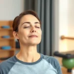 Peaceful patient in physical therapy clinic performing mindful breathing exercise with eyes closed, serene expression, modern rehabilitation facility background with soft lighting and therapeutic equipment visible