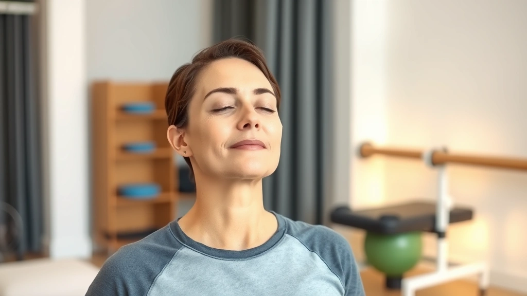 Peaceful patient in physical therapy clinic performing mindful breathing exercise with eyes closed, serene expression, modern rehabilitation facility background with soft lighting and therapeutic equipment visible
