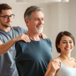 Physical therapist guiding patient through therapeutic exercise in modern clinic with natural light, patient smiling with improved posture