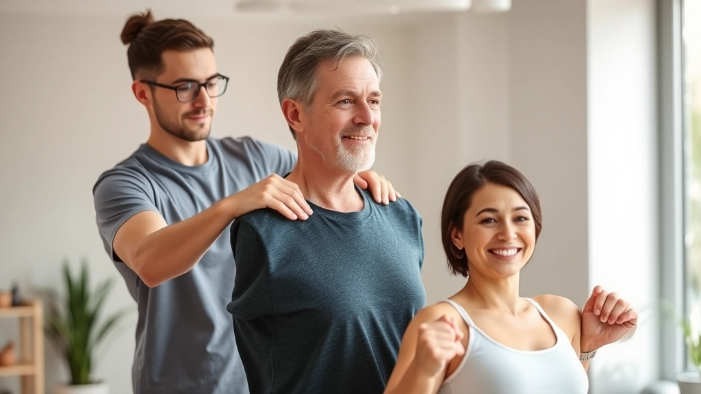 Physical therapist guiding patient through therapeutic exercise in modern clinic with natural light, patient smiling with improved posture