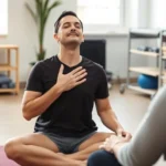 Patient in physical therapy session sitting cross-legged, eyes closed, hand on chest, deep breathing with therapist guiding nearby in calm clinic environment
