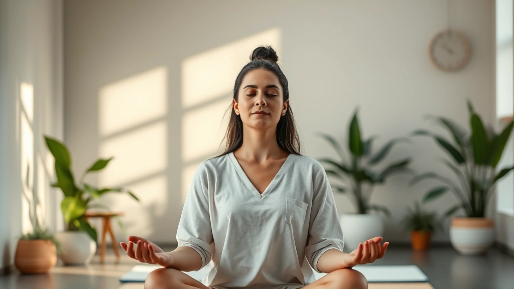 serene person meditating in peaceful wellness center with soft natural light, calm facial expression, modern minimalist therapeutic environment with plants, photorealistic, no text or graphics visible