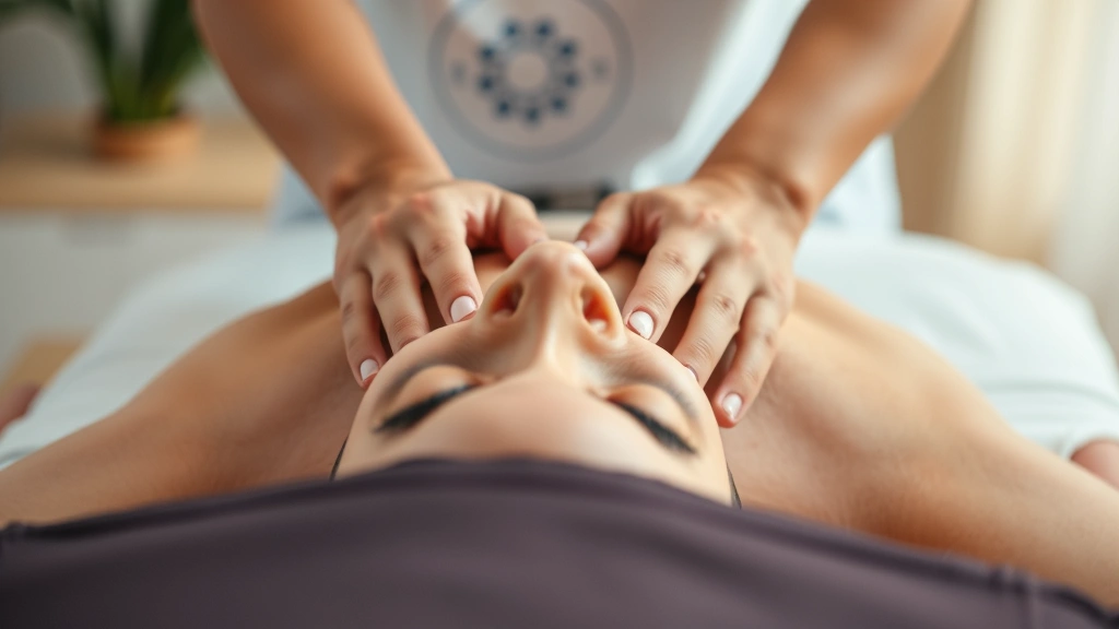 Close-up of hands performing therapeutic massage with patient lying on treatment table, peaceful expression, warm professional environment, focused gentle contact