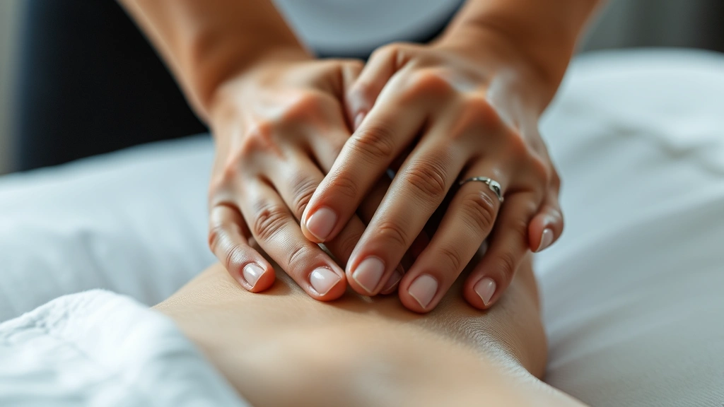 Close-up of hands during hands-on physical therapy treatment, showing therapeutic touch and patient relaxation response
