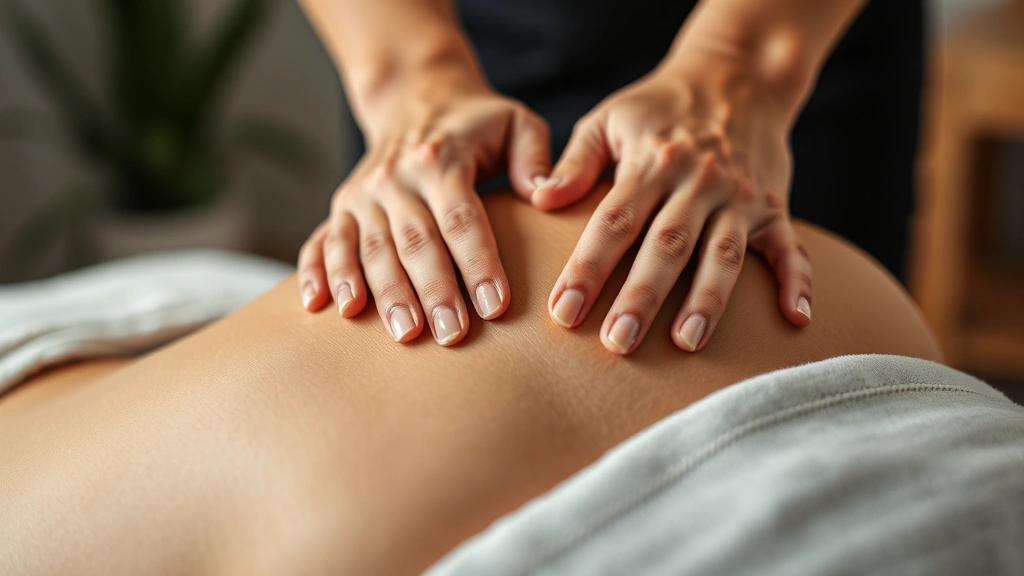 Close-up of hands performing therapeutic massage or myofascial release on a patient's shoulder, showing tension release and professional care in a wellness setting