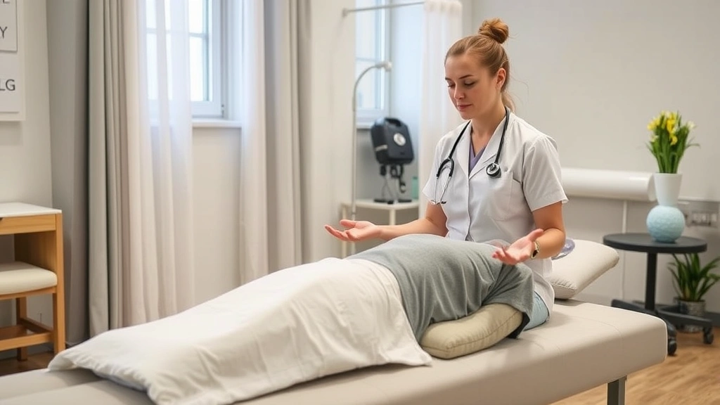 healthcare professional guiding patient through mindfulness body scan meditation in clinical rehabilitation setting, patient lying comfortably, therapist nearby, calming neutral tones, photorealistic professional environment