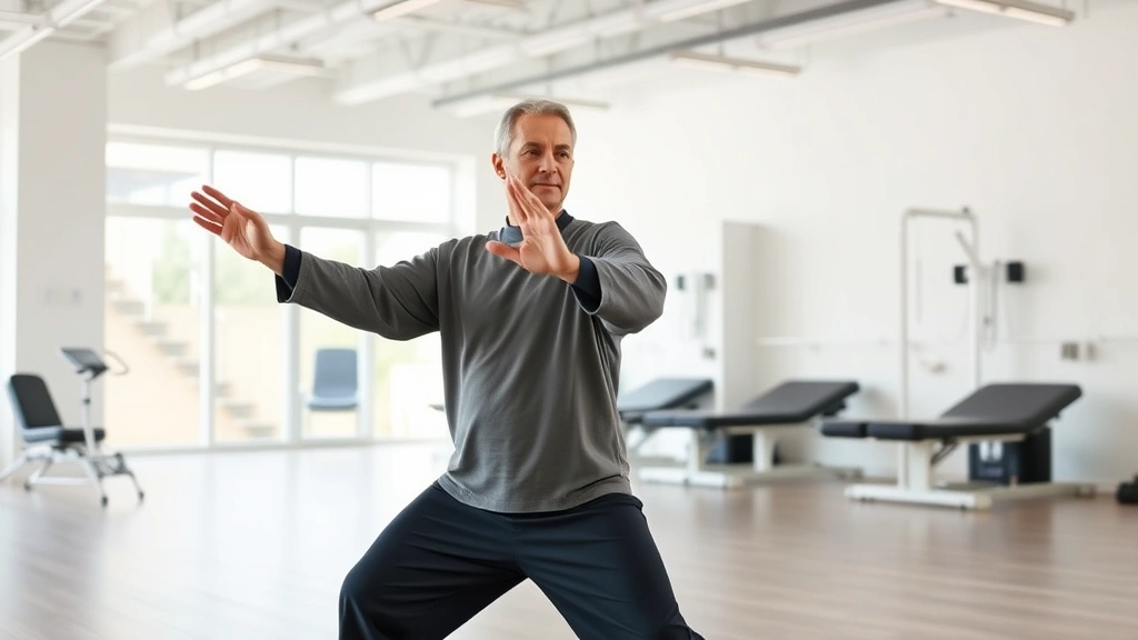 A person practicing tai chi mindful movement in a spacious rehabilitation facility, demonstrating gentle flowing motion with excellent posture, surrounded by modern therapeutic equipment and clean minimalist architecture