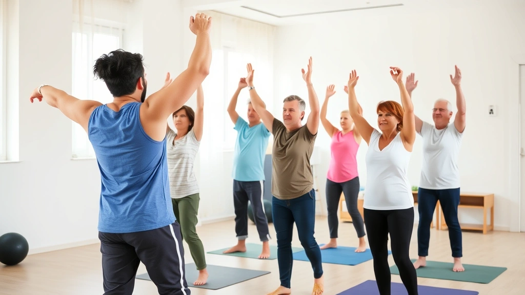 Group of diverse patients in physical therapy session performing gentle exercises together in bright studio; natural light, supportive atmosphere, various ages and abilities represented
