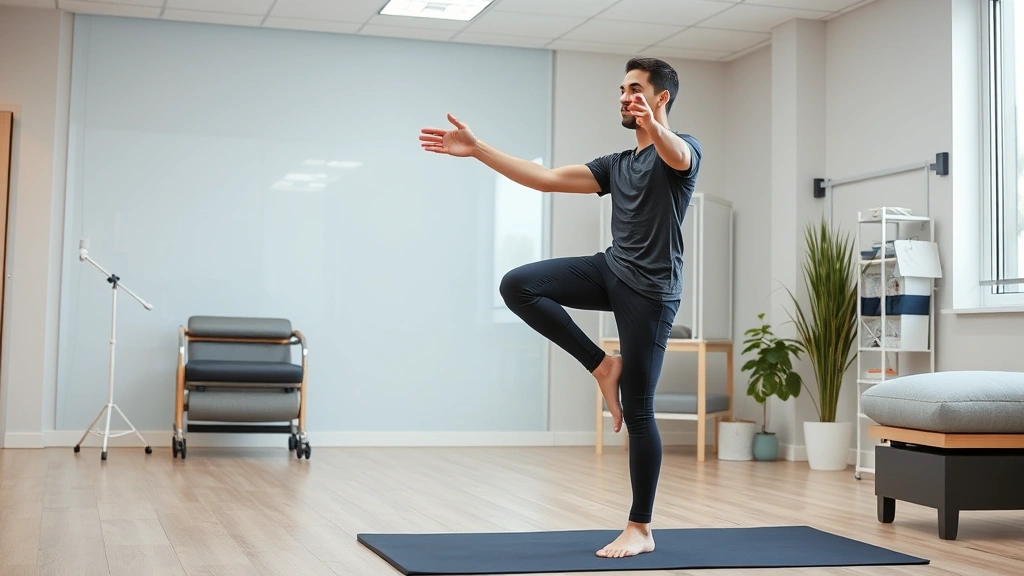Patient performing balance exercise on one leg in physical therapy clinic, body awareness visualization, focused expression, modern rehabilitation facility background