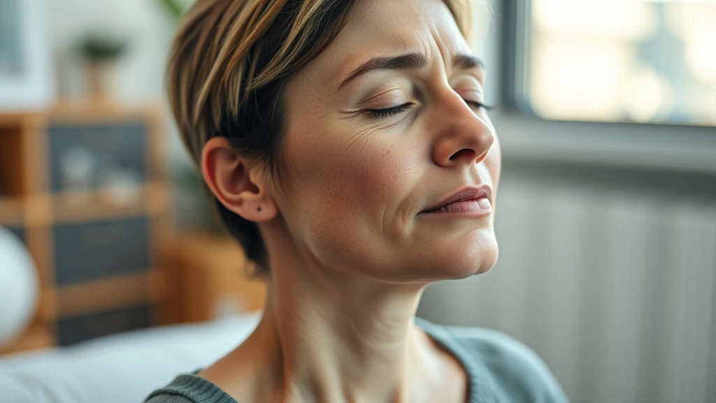 Close-up of patient's focused face during meditation-based pain management session in therapy clinic, calm expression with soft natural light, showing integration of mental wellness and physical recovery