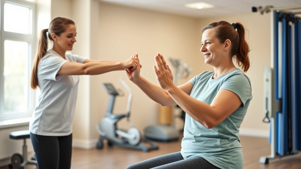 Patient performing resistance exercise with therapist supervision in bright, welcoming rehabilitation facility with exercise equipment
