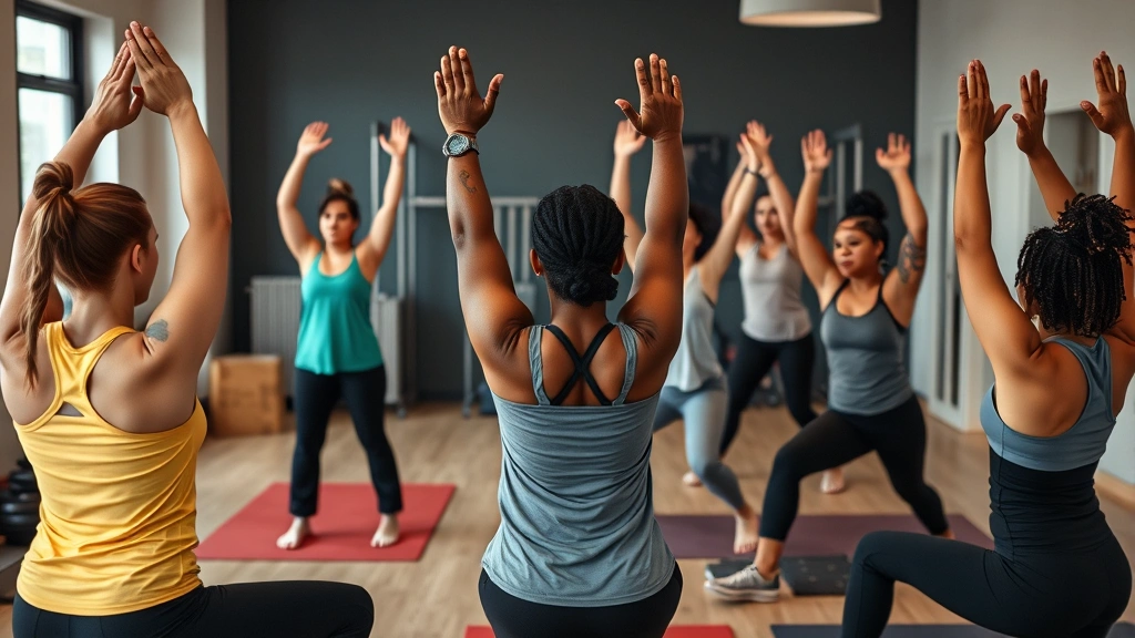 A diverse group in a physical therapy group session doing functional movement exercises together, showing community support, encouragement, and shared achievement