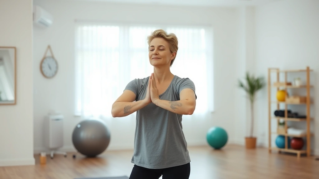 patient performing gentle mindful movement exercise in bright physical therapy clinic, focused expression, therapeutic balls and equipment visible in background, natural lighting, wellness-focused atmosphere, photorealistic