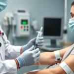 Healthcare professional administering intravenous infusion through catheter in patient's arm, clinical setting with medical equipment visible, soft lighting, realistic medical environment