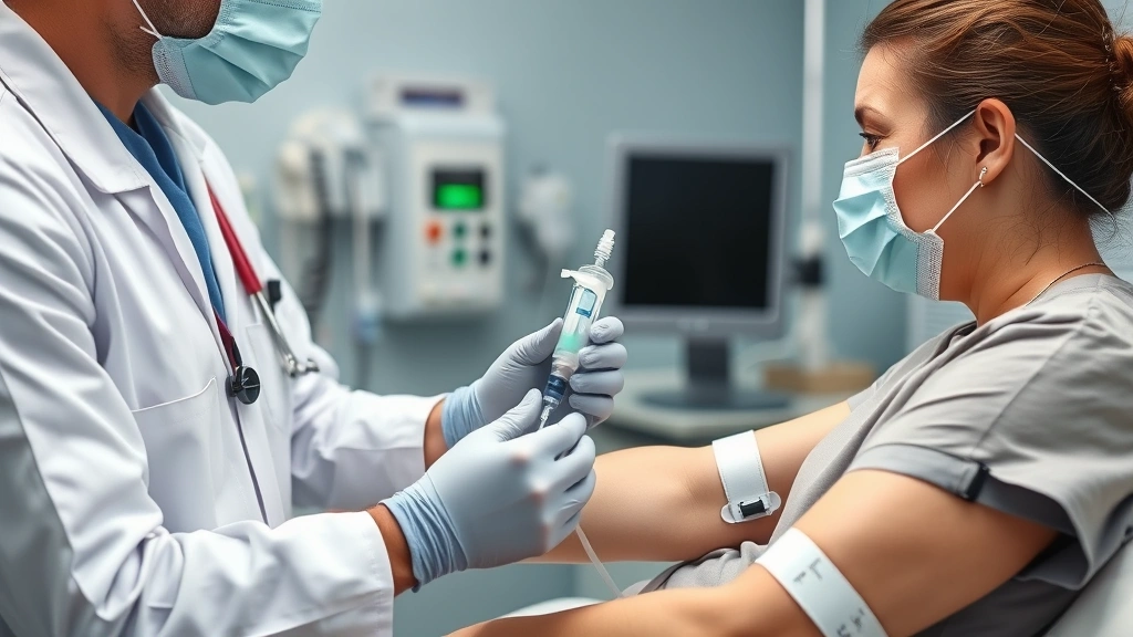 Healthcare professional administering intravenous infusion through catheter in patient's arm, clinical setting with medical equipment visible, soft lighting, realistic medical environment