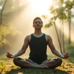 Person meditating in lotus position in serene natural environment with soft morning light filtering through trees, peaceful expression, digital wellness aesthetic