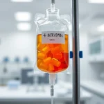 Close-up of clear IV bag with colorful vitamin solution hanging on medical stand, clinical laboratory background, photorealistic medical setting