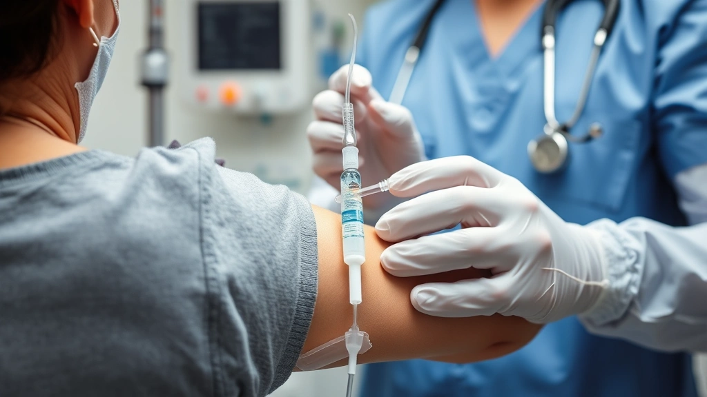 Medical professional administering intravenous vitamin therapy to patient in clinical setting, close-up of IV catheter in arm with saline drip, professional healthcare environment