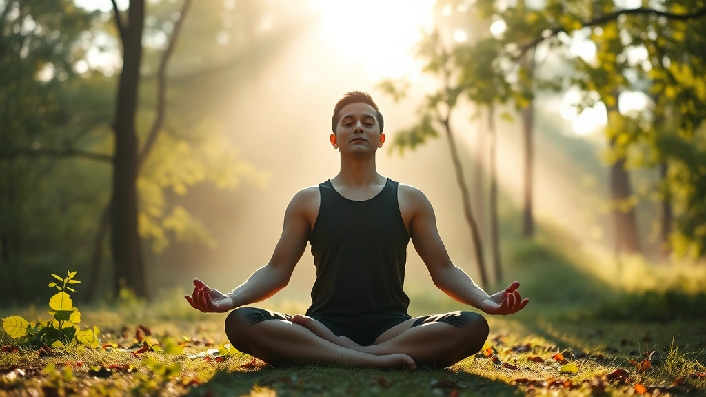 Person meditating in lotus position in serene natural environment with soft morning light filtering through trees, peaceful expression, digital wellness aesthetic