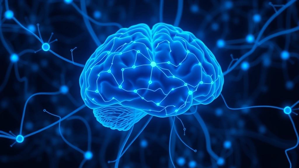 Brain neural network visualization showing amygdala highlighted in calming blue tones, interconnected neurons glowing, abstract neuroscience illustration representing anxiety reduction