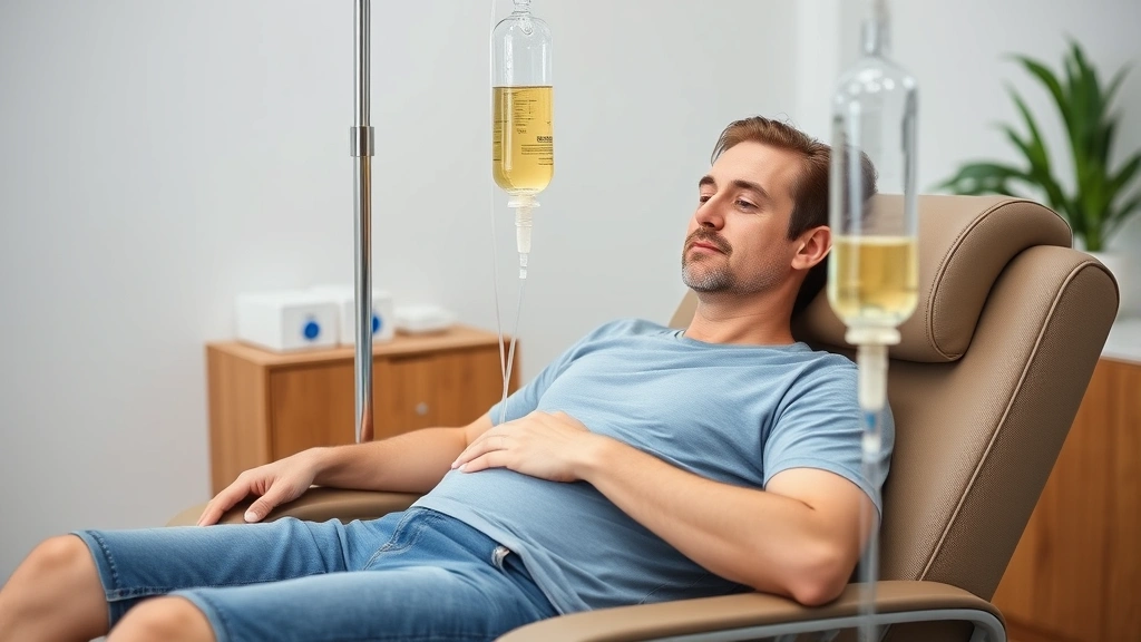 Patient receiving IV therapy in wellness clinic, relaxed posture in comfortable chair, clear tubing connected to IV stand with nutrient bag, calm therapeutic atmosphere