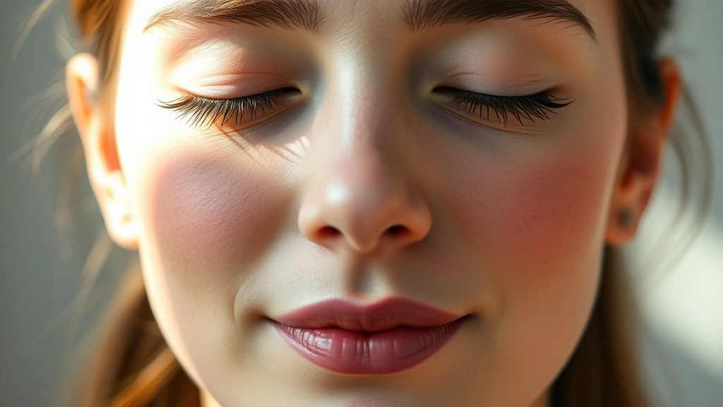 Close-up of person's face during meditation with peaceful expression, soft natural lighting, calm eyes closed, serene mindfulness practice moment captured naturally