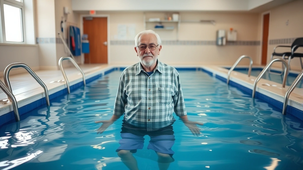 Older adult standing in shallow therapeutic pool with handrails, supportive aquatic rehabilitation setting, professional healthcare facility background, buoyancy support visible