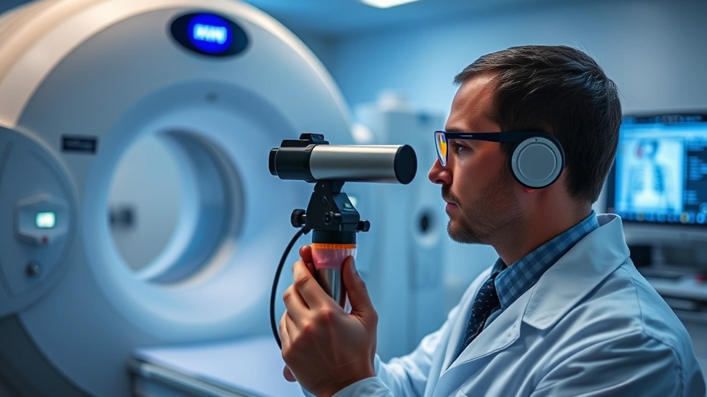 Radiation physicist performing quality assurance testing on medical imaging equipment, holding precision measurement instruments with glowing calibration markers visible