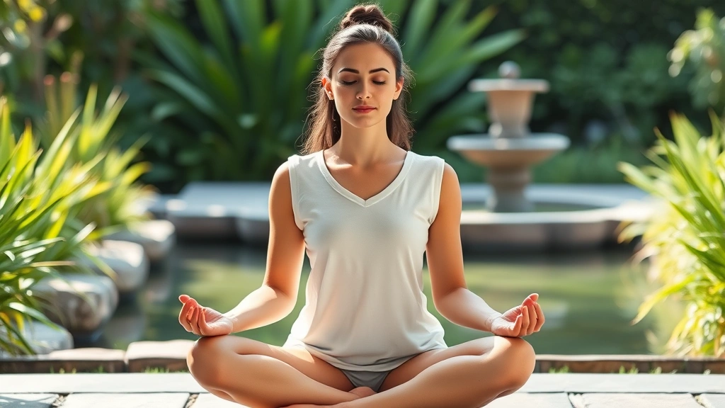 Person meditating peacefully in lotus position surrounded by soft natural light, serene garden background with green plants and water feature, calm facial expression