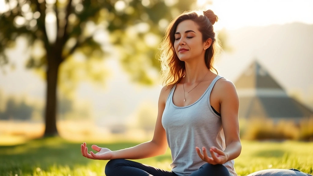 Woman practicing mindful breathing exercise outdoors in morning sunlight, sitting on meditation cushion with peaceful expression and relaxed shoulders