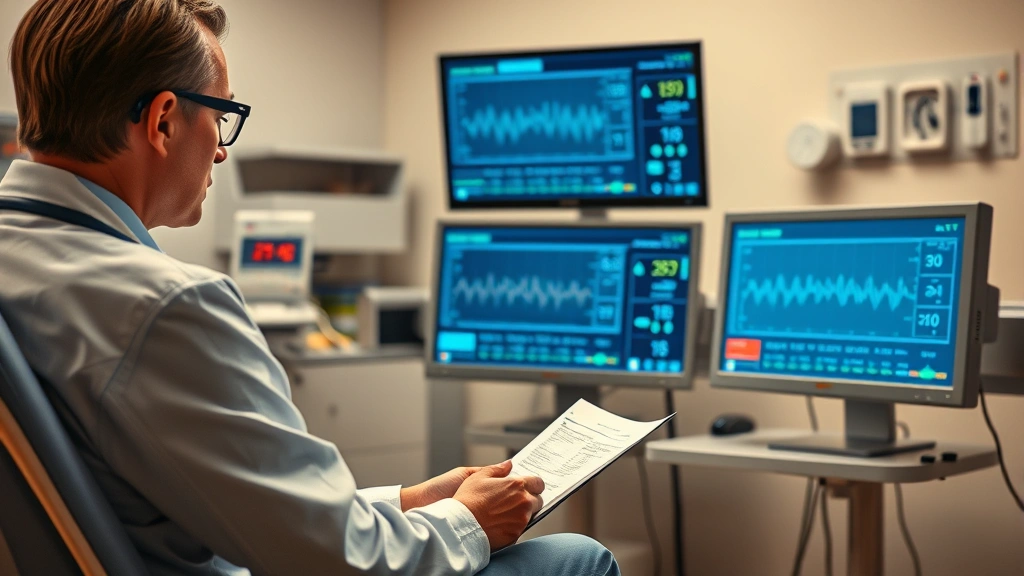 Photorealistic image of a clinical consultation room with a healthcare provider reviewing medical charts and cardiac monitor readings, professional medical office setting, warm lighting, no visible text or letters on screens