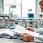 A clinical laboratory setting with a healthcare professional reviewing medical charts and patient files on a desk, with modern medical equipment visible in soft focus background, representing comprehensive patient evaluation and screening