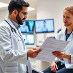 Doctor reviewing medical chart with patient, professional healthcare setting, clinical atmosphere, modern medical office with monitors and equipment visible in background