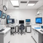 Professional medical laboratory with advanced diagnostic equipment and testing apparatus, clinical setting with monitors and precision instruments, healthcare technology environment, no text or letters visible, clean modern facility design