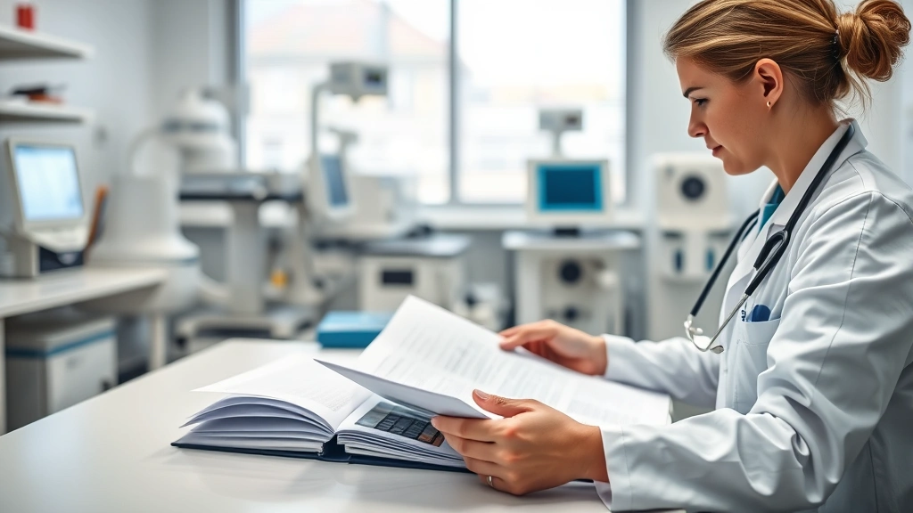 A clinical laboratory setting with a healthcare professional reviewing medical charts and patient files on a desk, with modern medical equipment visible in soft focus background, representing comprehensive patient evaluation and screening
