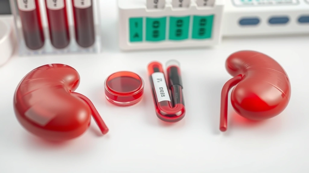 Photorealistic image of laboratory blood samples and medical testing equipment on a white surface, representing liver and kidney function testing, clinical setting, professional medical aesthetic, no labels or text visible