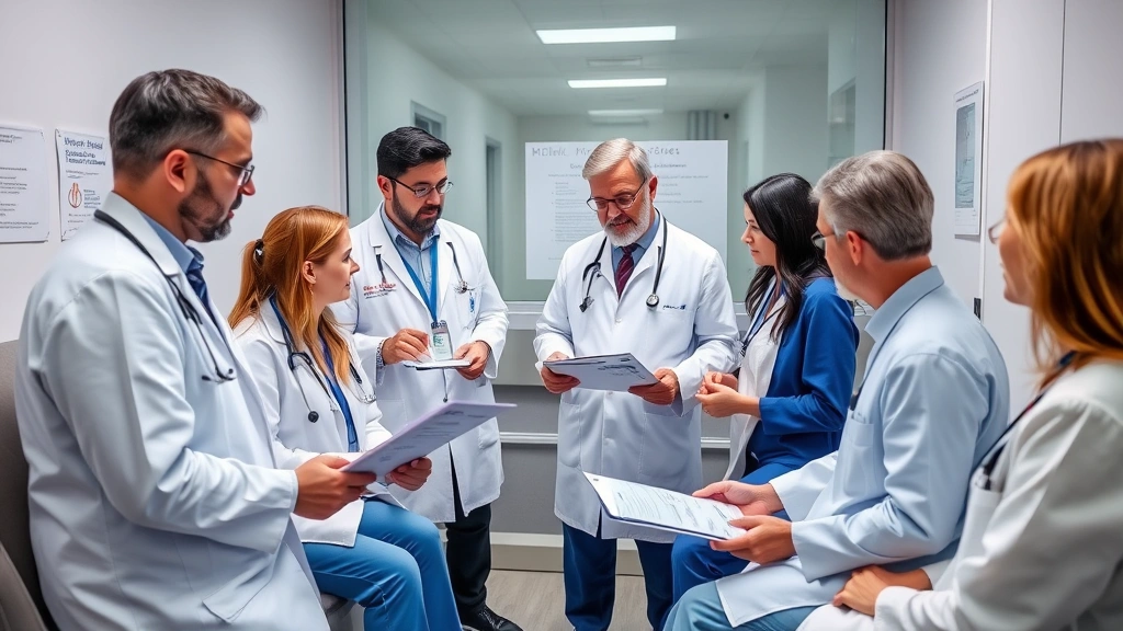 Diverse healthcare providers in clinical consultation room reviewing medical charts and treatment plans, doctors and specialists discussing patient care protocols, collaborative medical environment, professional medical setting, no visible text or documents with readable content