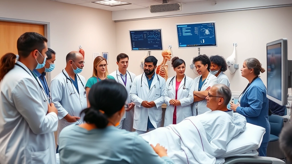 A diverse group of medical professionals in a hospital conference room discussing patient cases and treatment plans, with anatomical models and medical monitors visible, symbolizing collaborative care and expert consultation