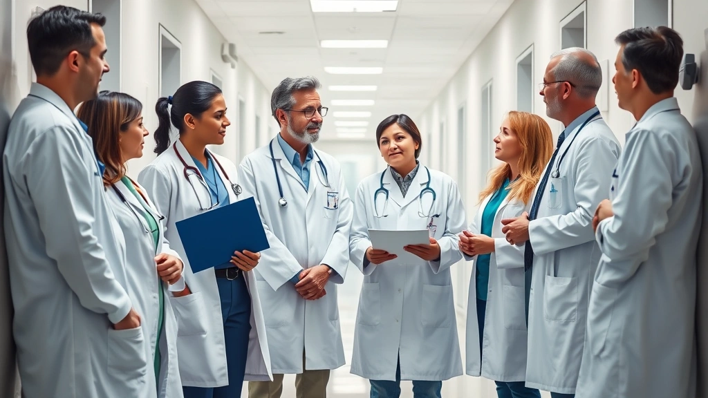 Photorealistic image of diverse group of healthcare professionals in white coats collaborating in a modern hospital corridor, discussing treatment options, representing multidisciplinary care approach, natural lighting, no visible text