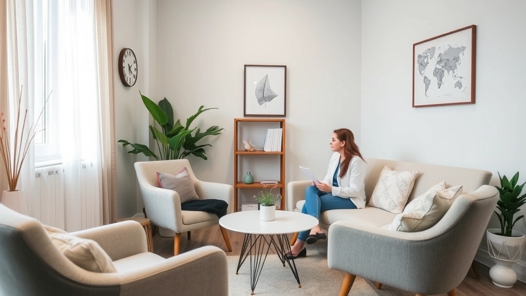 A peaceful therapy room with comfortable seating, soft lighting, and calming decor, showing a therapist and patient in discussion during a mental health consultation session, representing professional mental healthcare environments