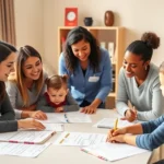 A diverse team of healthcare professionals—occupational therapist, speech pathologist, physical therapist, and developmental psychologist—collaborating around a table reviewing child development assessments and intervention plans, warm lighting and inclusive workspace