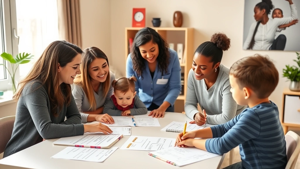 A diverse team of healthcare professionals—occupational therapist, speech pathologist, physical therapist, and developmental psychologist—collaborating around a table reviewing child development assessments and intervention plans, warm lighting and inclusive workspace