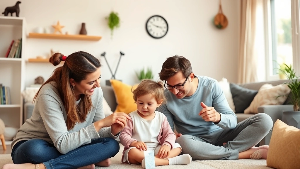 A parent and child working together with a therapist coach in a home living room environment, practicing communication and motor skills during natural daily routines, warm family-focused setting