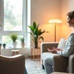 Professional therapist in modern office setting with warm lighting, client sitting comfortably on couch, neutral contemporary furniture, plants and calming decor, natural window light, no people visible faces clearly, serene mental health treatment environment