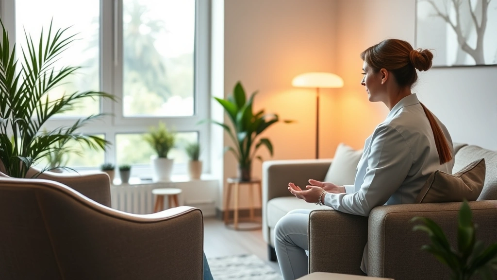 Professional therapist in modern office setting with warm lighting, client sitting comfortably on couch, neutral contemporary furniture, plants and calming decor, natural window light, no people visible faces clearly, serene mental health treatment environment