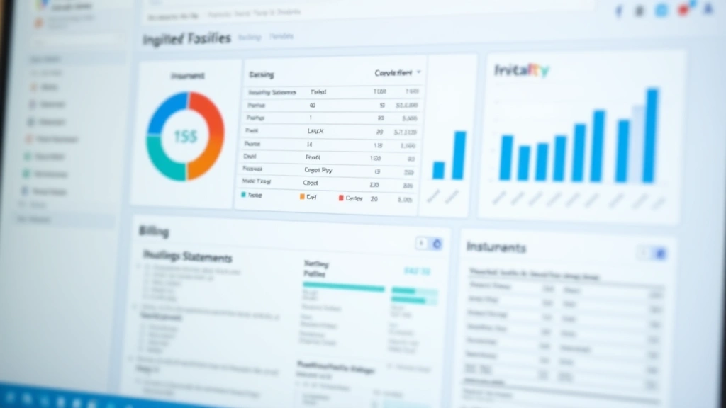Digital healthcare dashboard showing insurance forms, billing statements, and administrative interface on computer screen area blurred, representing complex healthcare administration, paperwork complexity, insurance processing overhead in mental health system