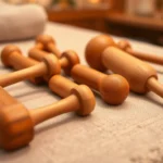 Wooden massage tools arranged on spa table with warm lighting, close-up of cylindrical rollers and paddles, natural wood grain texture visible, professional wellness setting