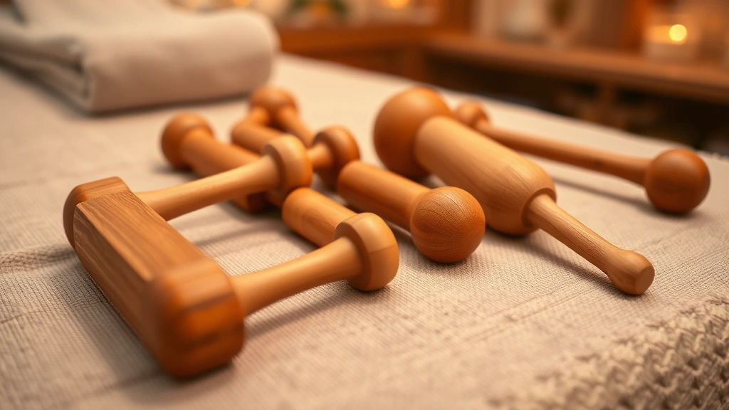 Wooden massage tools arranged on spa table with warm lighting, close-up of cylindrical rollers and paddles, natural wood grain texture visible, professional wellness setting