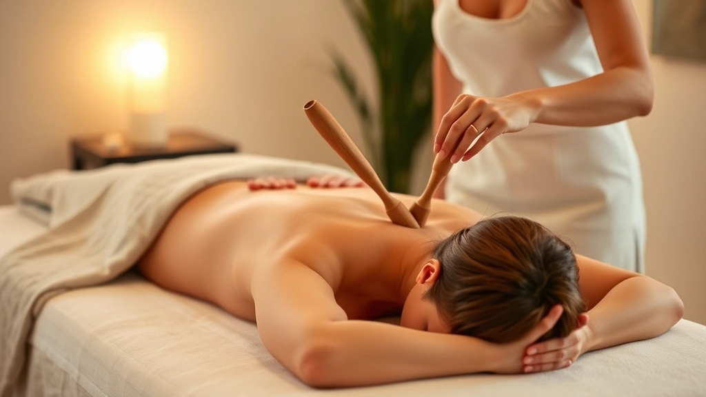 Therapist using wooden implements on client's back during massage session, therapeutic touch, calm spa environment with soft lighting, person lying face down on massage table
