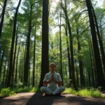 Person meditating peacefully in a dense forest surrounded by tall trees, dappled sunlight filtering through canopy, serene natural woodland environment